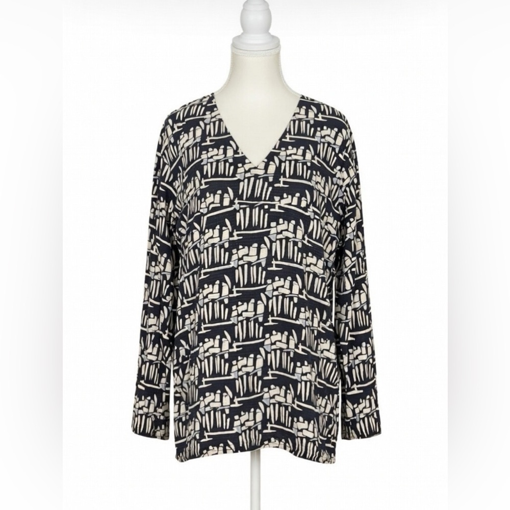 Tory Burch Silk V-Neck Blouse | Abstract Print | Navy & Ivory | XL
